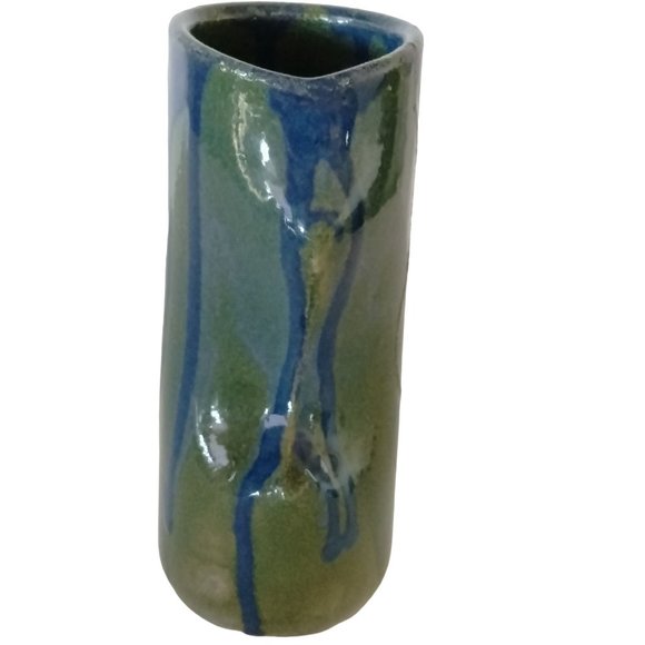 Artisan Blue Green Vase Rustic Primitive Drip Glaze - Picture 7 of 9